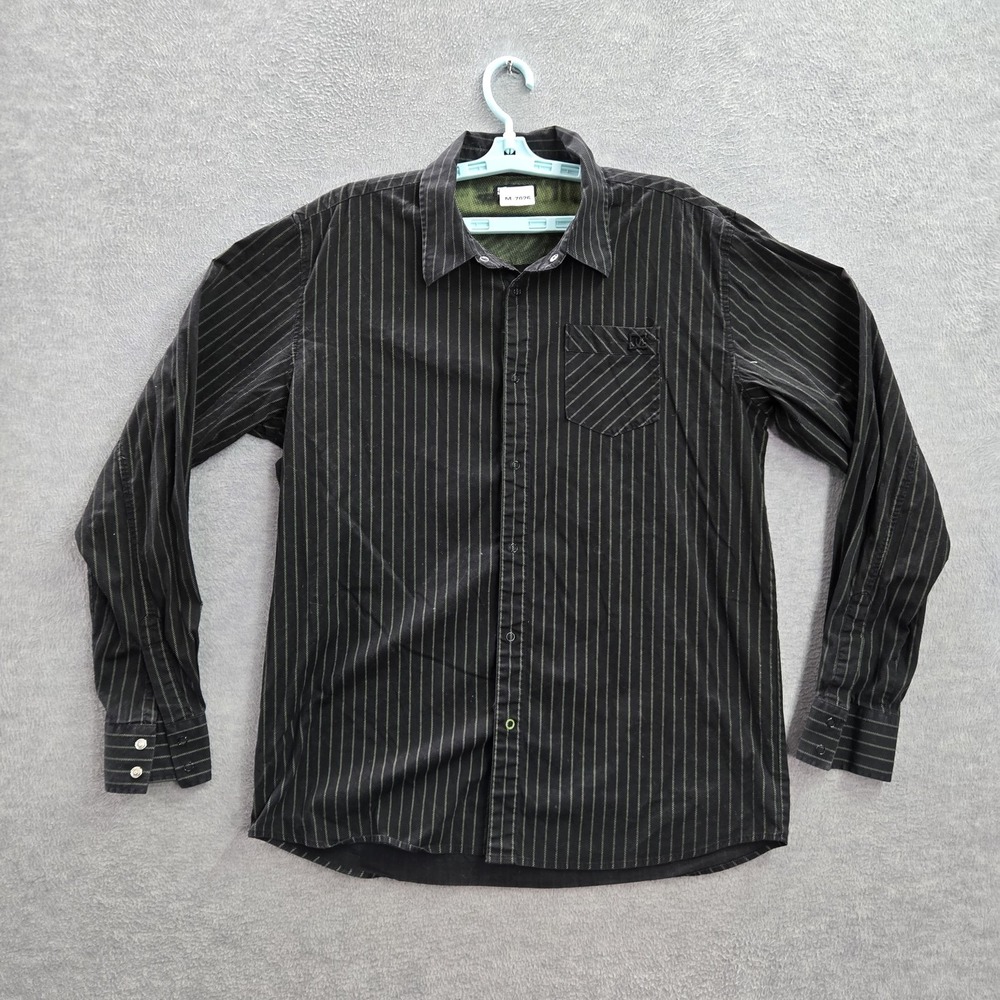 DC Shoes Men Button Up Shirt L‎ Black Striped Long Sleeve Cotton Spandex